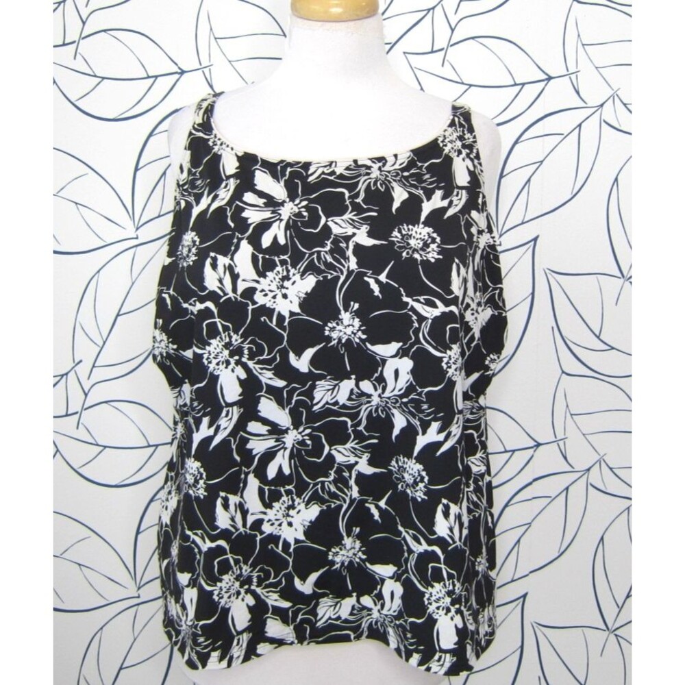 Lands' End Swim Tank Top Black & White Floral Built in Bra Women's Size 18W